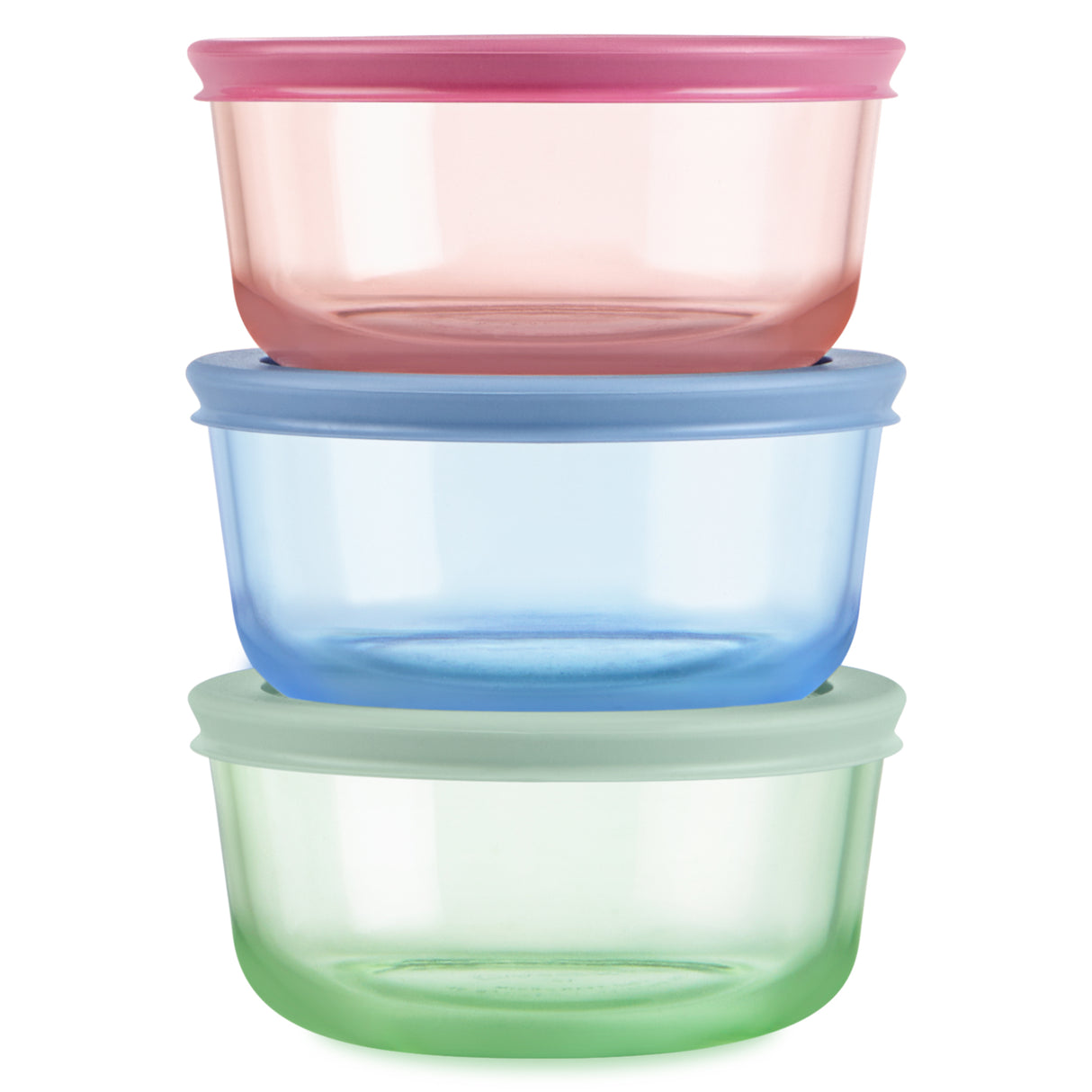 Three colorful plastic containers stacked on a white background