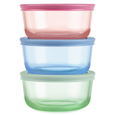 Three colorful plastic containers stacked on a white background