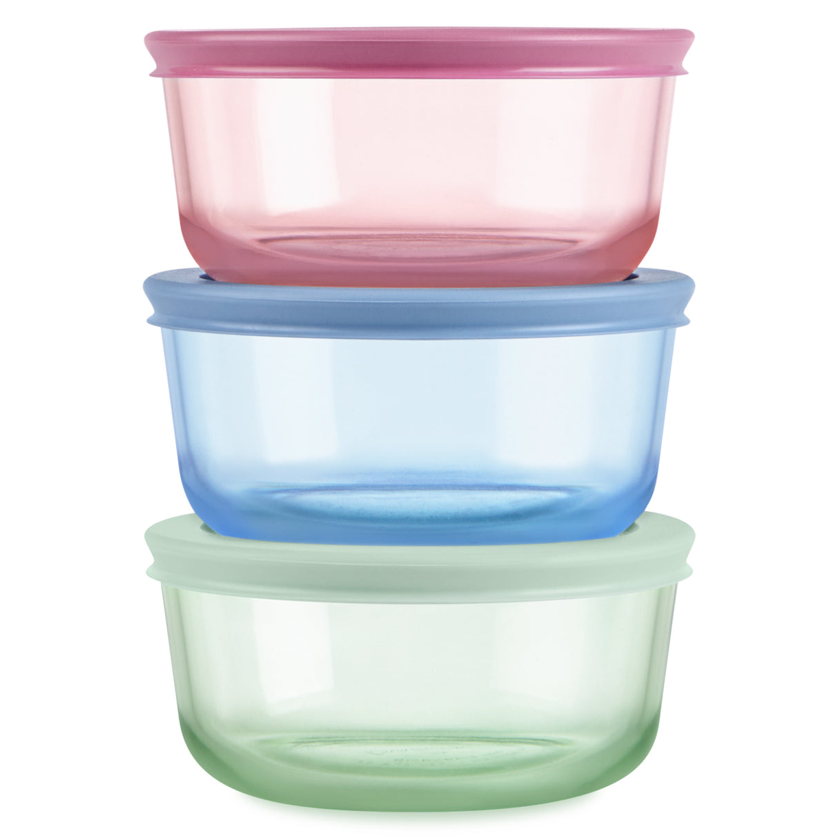 Three colorful food storage containers stacked on a white background