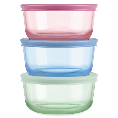 Three colorful food storage containers stacked on a white background