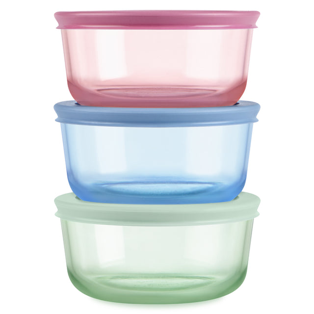 Three colorful food storage containers stacked on a white background