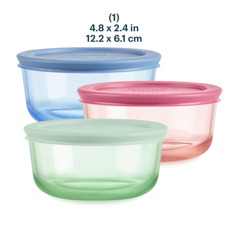 Three colorful plastic containers with lids on a white background