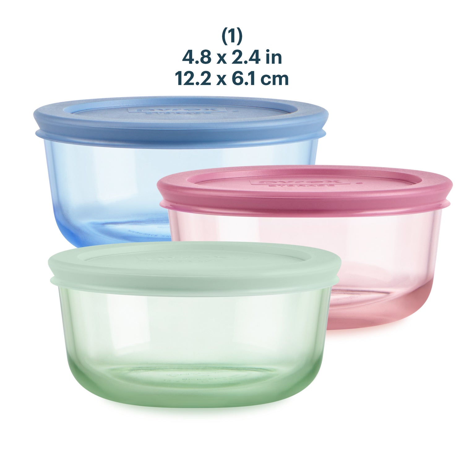 Three colorful food storage containers with lids on a white background