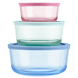 Set of three colorful plastic containers stacked on a white background