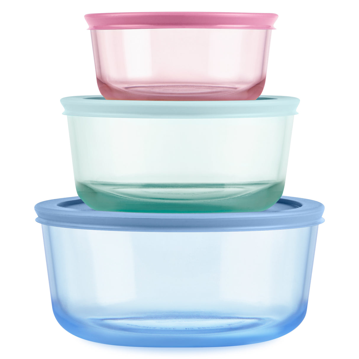 Set of three colorful plastic containers stacked on a white background