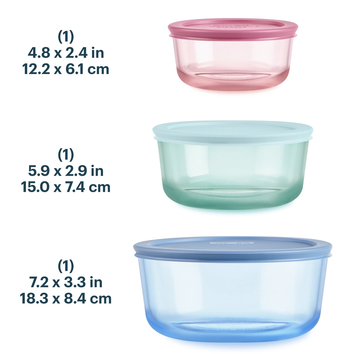 Three plastic containers with lids of different sizes on a white background