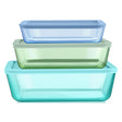 Set of three rectangular food containers in blue, green, and teal on a white background