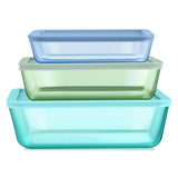 Set of three rectangular food containers in blue, green, and teal on a white background