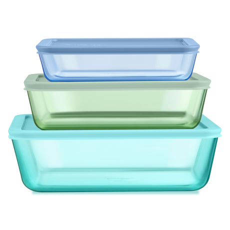 Set of three rectangular food containers in blue, green, and teal on a white background