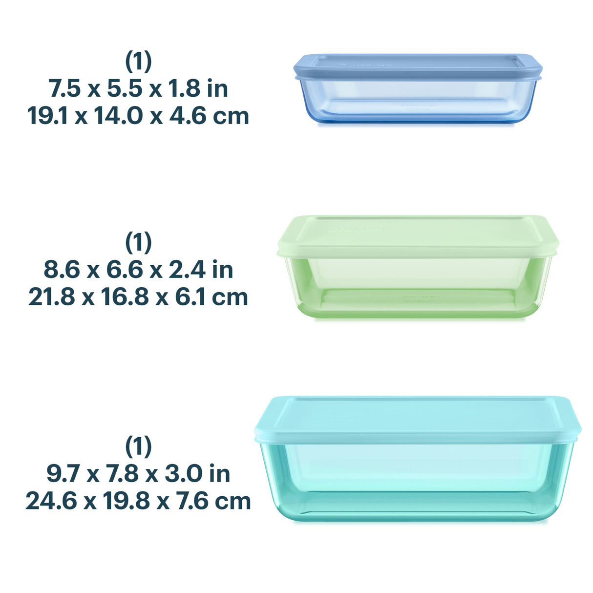 Three rectangular containers with measurements and color labels on a white background