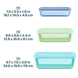 Three rectangular containers with measurements and color labels on a white background