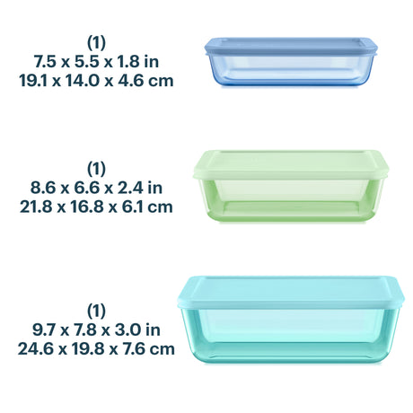 Three rectangular containers with measurements and color labels on a white background