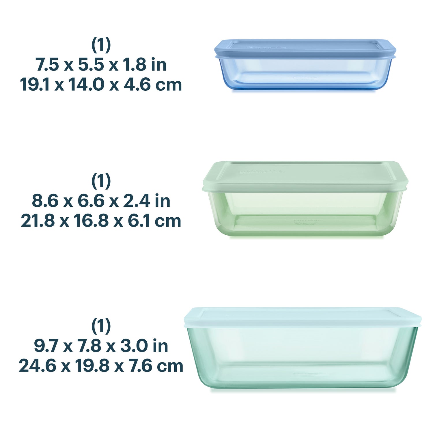 Three rectangular containers with measurements and color labels on a white background