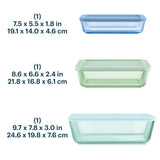 Three rectangular containers with measurements and color labels on a white background