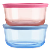 Two stacked food containers, one pink and one blue, on a white background.