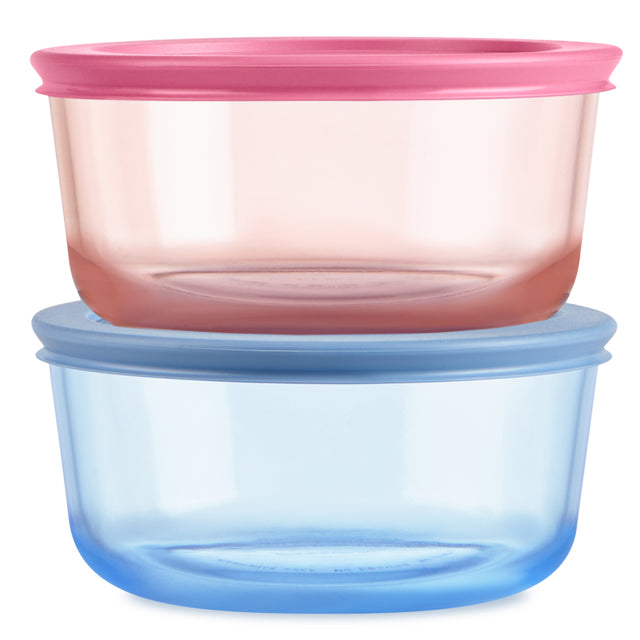 Two stacked food containers, one pink and one blue, on a white background.