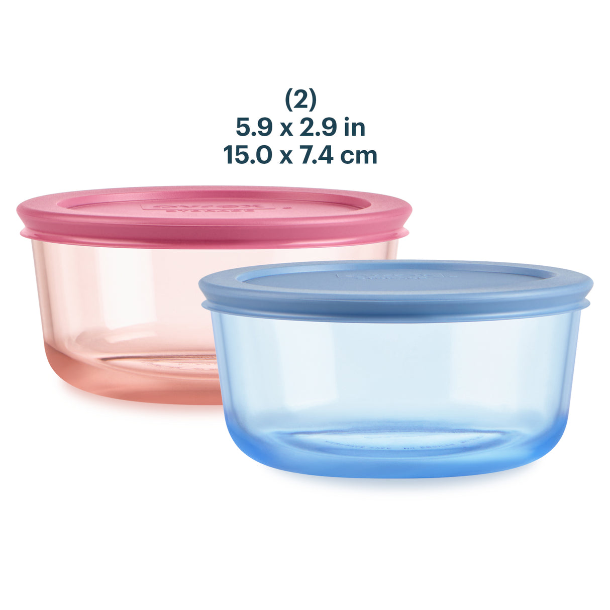 Two plastic containers with pink and blue lids on a white background