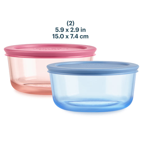 Two plastic containers with pink and blue lids on a white background