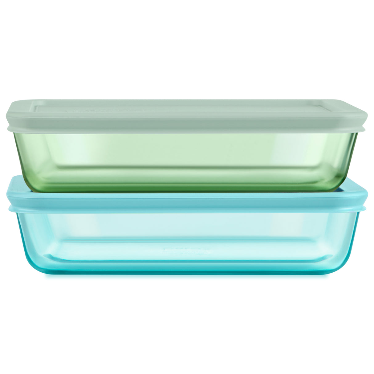 Two glass food storage containers with lids on a white background