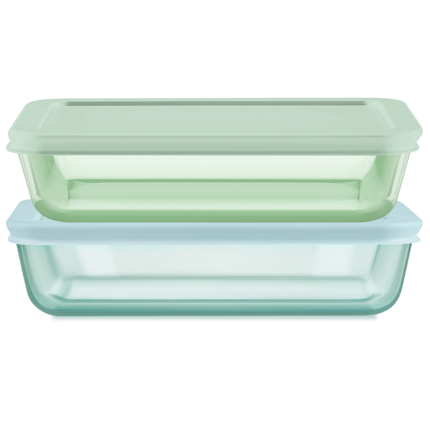 Two glass food storage containers with green and blue lids on a white background