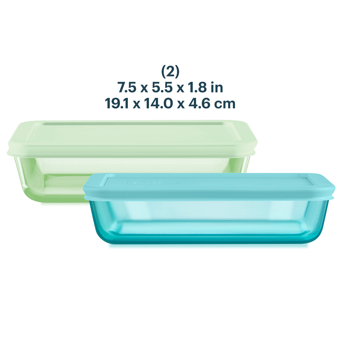 Two rectangular glass food containers with lids on a white background