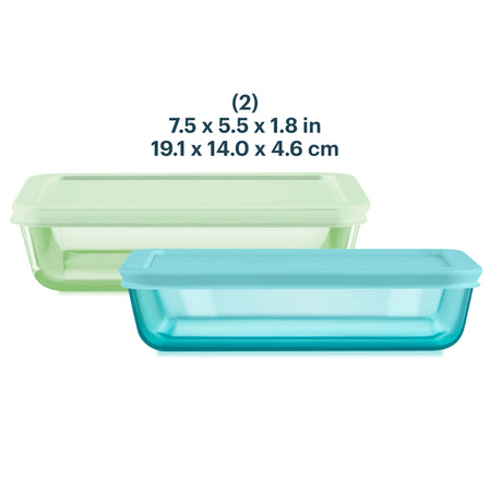 Two rectangular glass food containers with lids on a white background