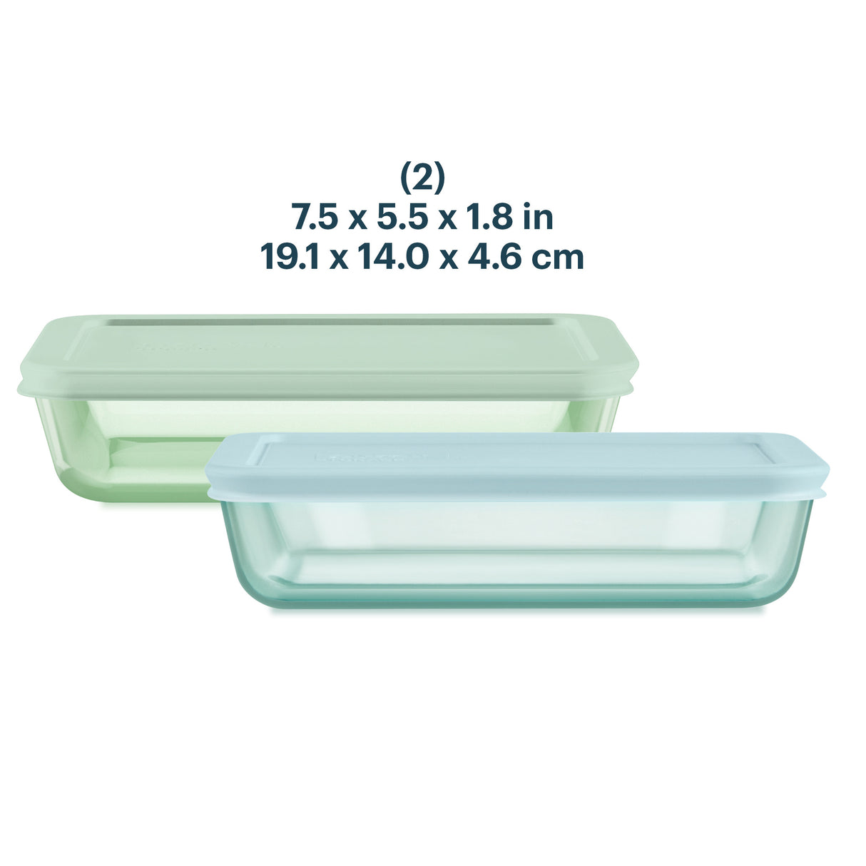 Two glass food storage containers with lids on a white background, showing dimensions.