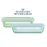 Two glass food storage containers with lids on a white background, showing dimensions.