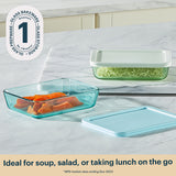 Glass food storage containers with lids on a marble surface, featuring the brand logo.