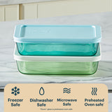 Glass food storage containers with blue lid on a white surface, featuring safety icons and text.