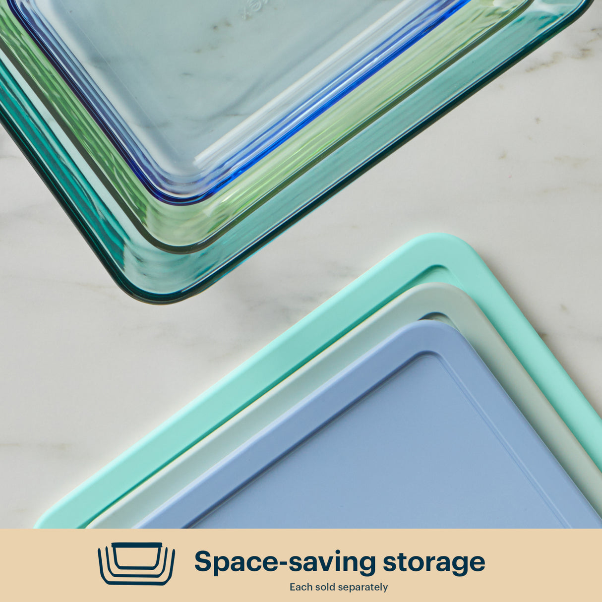 Stacked glass storage containers with lids on a light background, labeled 'Space-saving storage'.
