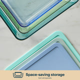 Stacked glass storage containers with lids on a light background, labeled 'Space-saving storage'.