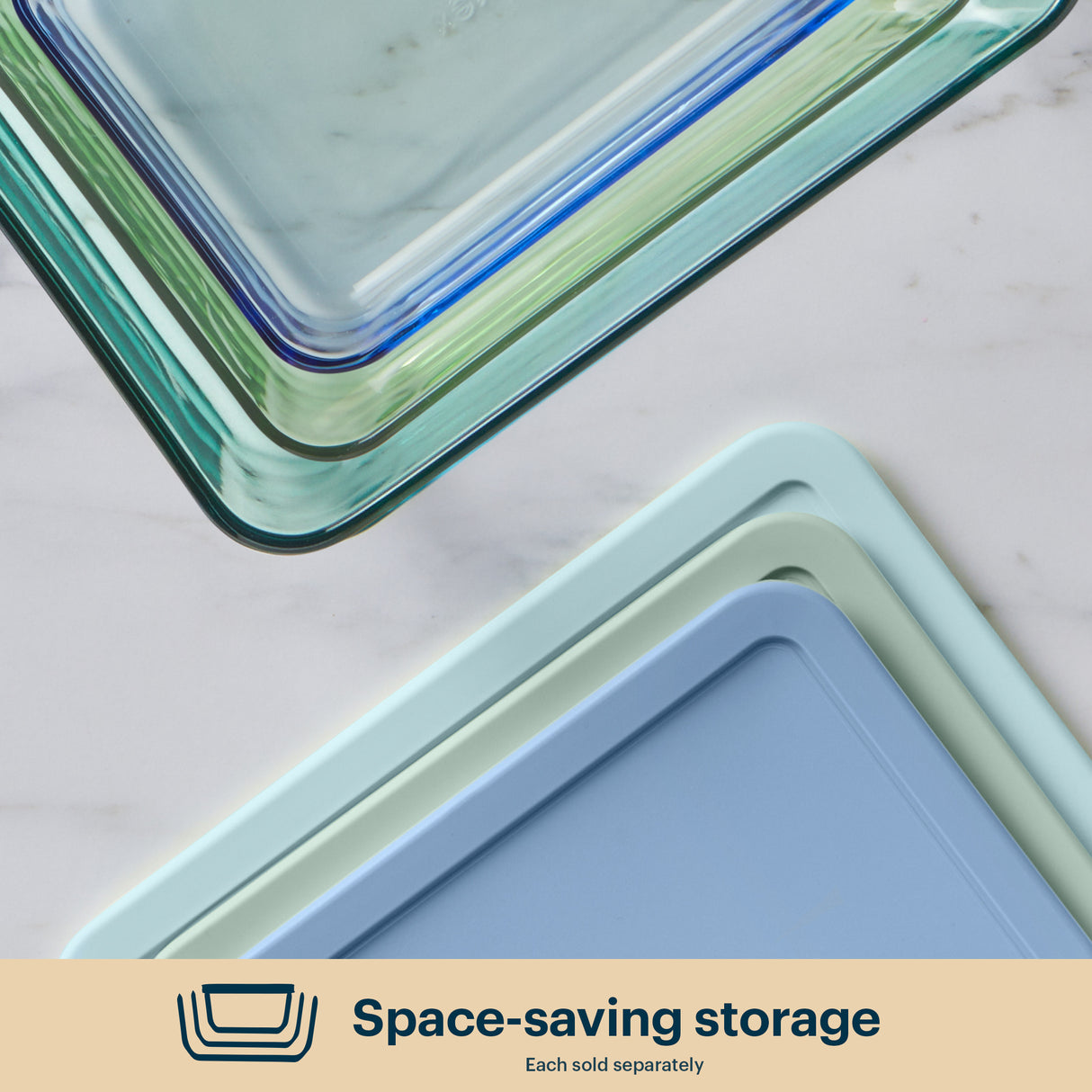 Stacked glass food storage containers on a light background with 'Space-saving storage' text.