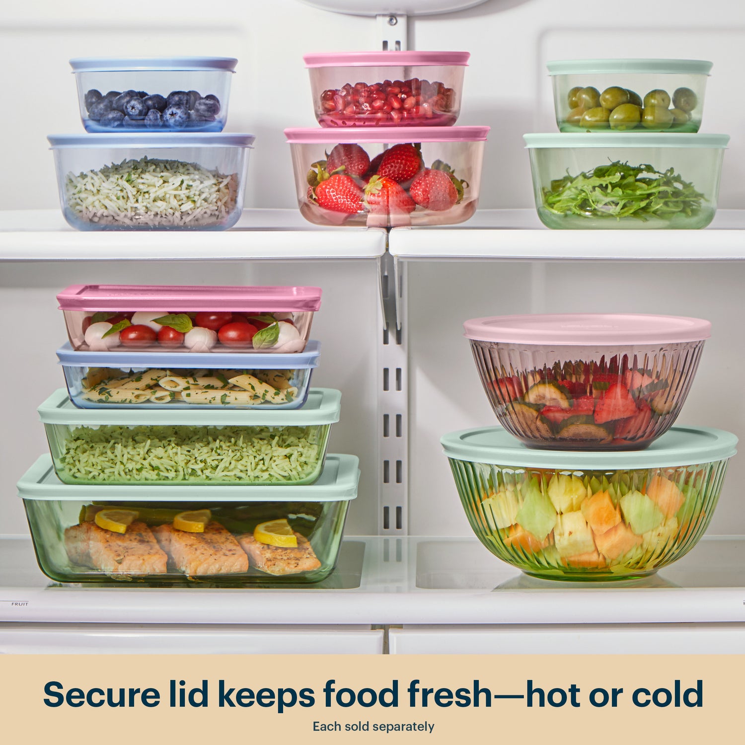 Set of food storage containers with lids on a refrigerator shelf.
