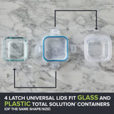 Glass containers with latch universal lids on a marble surface