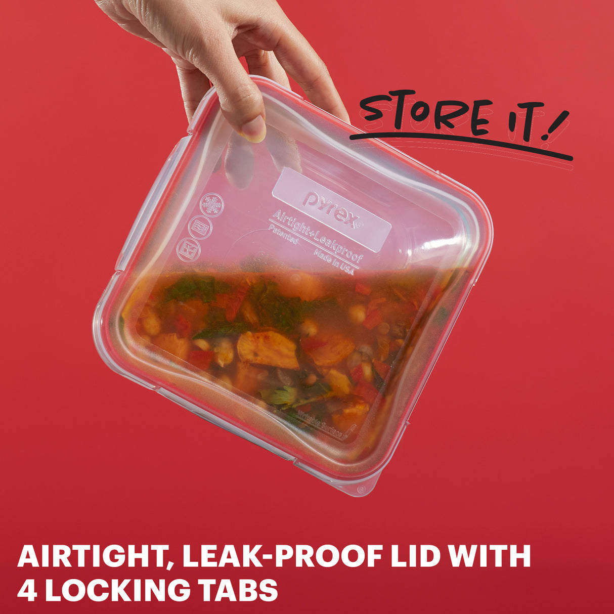 Pyrex container with food on a red background, labeled 'Store It!'.