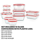 Set of glass food storage containers with red lids on a white background