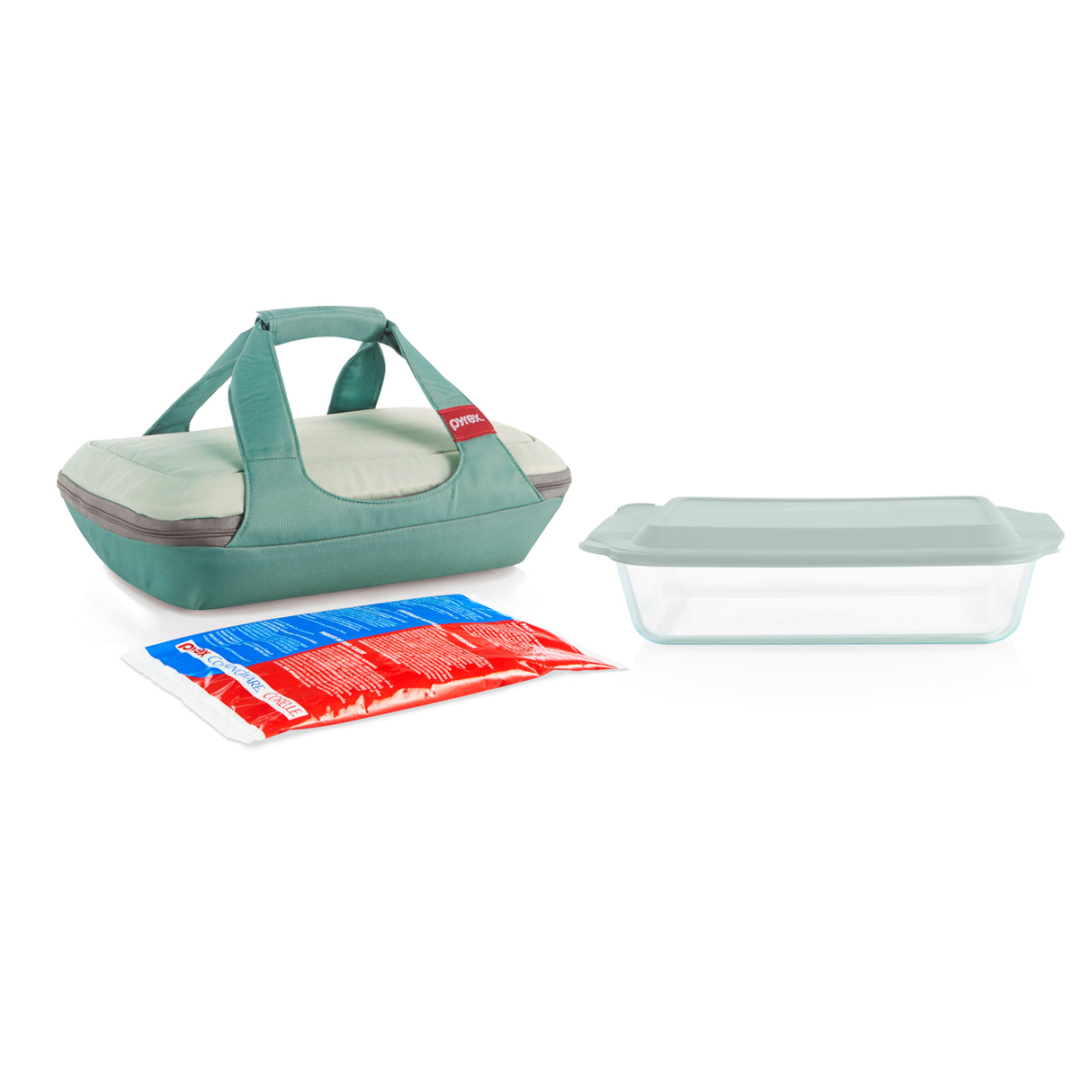 Set of a teal pet carrier, clear container, and red and blue packaging on a white background