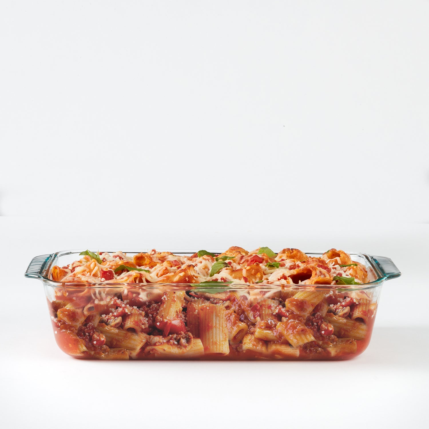 Deep baking dish with food