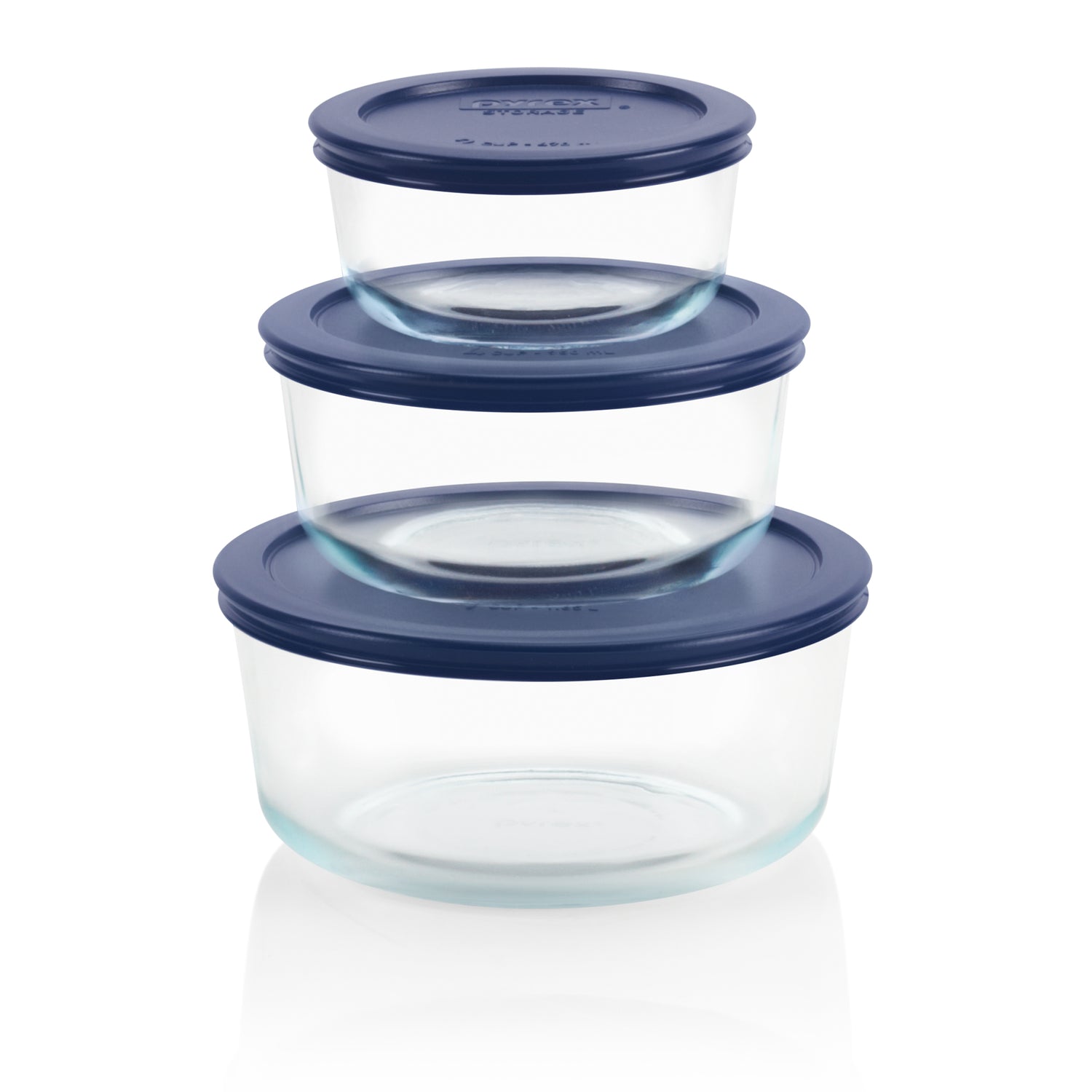 Set of three clear glass containers with blue lids on a white background