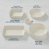 Set of ceramic dishes with measurements on a white background