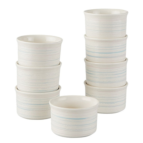 Set of white ceramic pots with blue stripes on a white background
