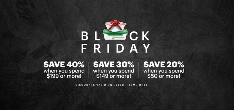 Black Friday sale advertisement with discounts on a dark background