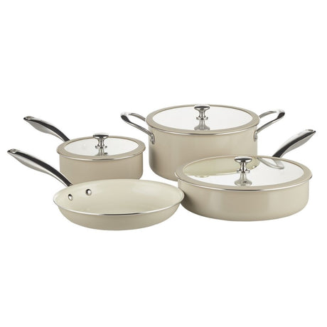 Set of ceramic cookware with lids on a white background