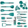 Collection of teal kitchen utensils and measuring tools on a white background