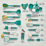 Set of green kitchen utensils with measurements on a light gray background