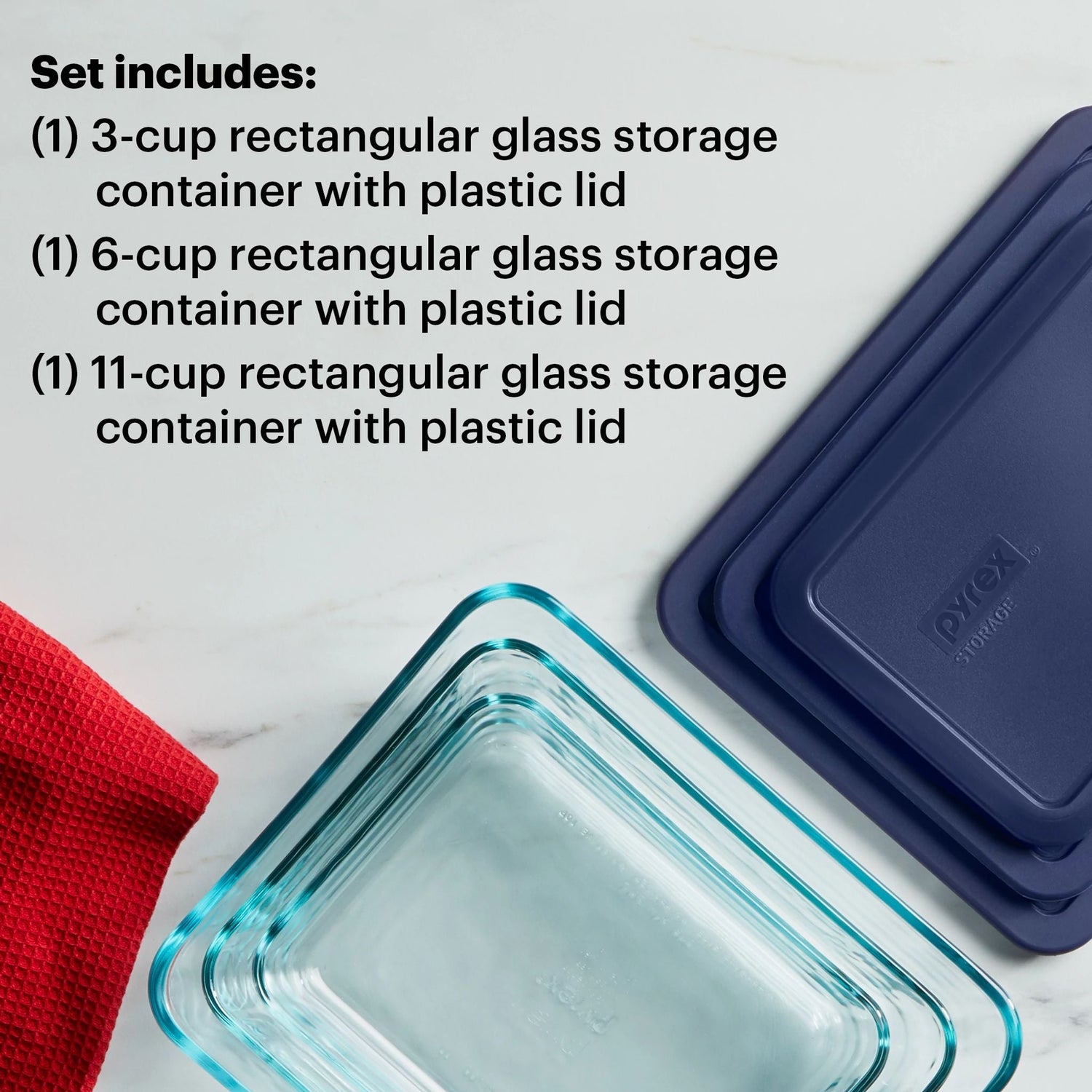  Simply Store® 6-piece Rectangular Glass Storage Set showing text describing set includes 3-cup, 6-cup, 11-cup with plastic lids