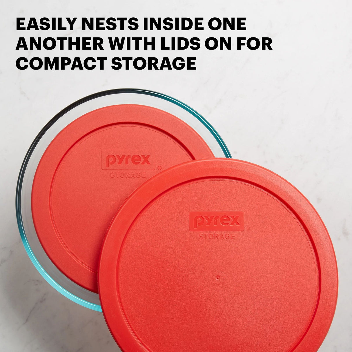  Simply Store® 6-piece Round Glass Storage Set with text easily nests inside one another with lids on for compact storage