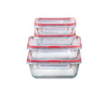 Set of glass food storage containers with red lids on a white background
