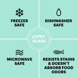 Pyrex glass product features on a light blue background